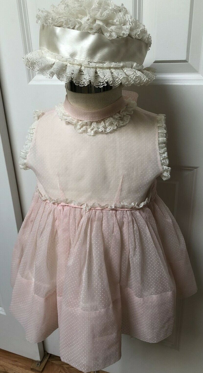 Vintage Pink Flocked Dotted Swiss Ruffled Lace Girls Party Dress & Hat 22