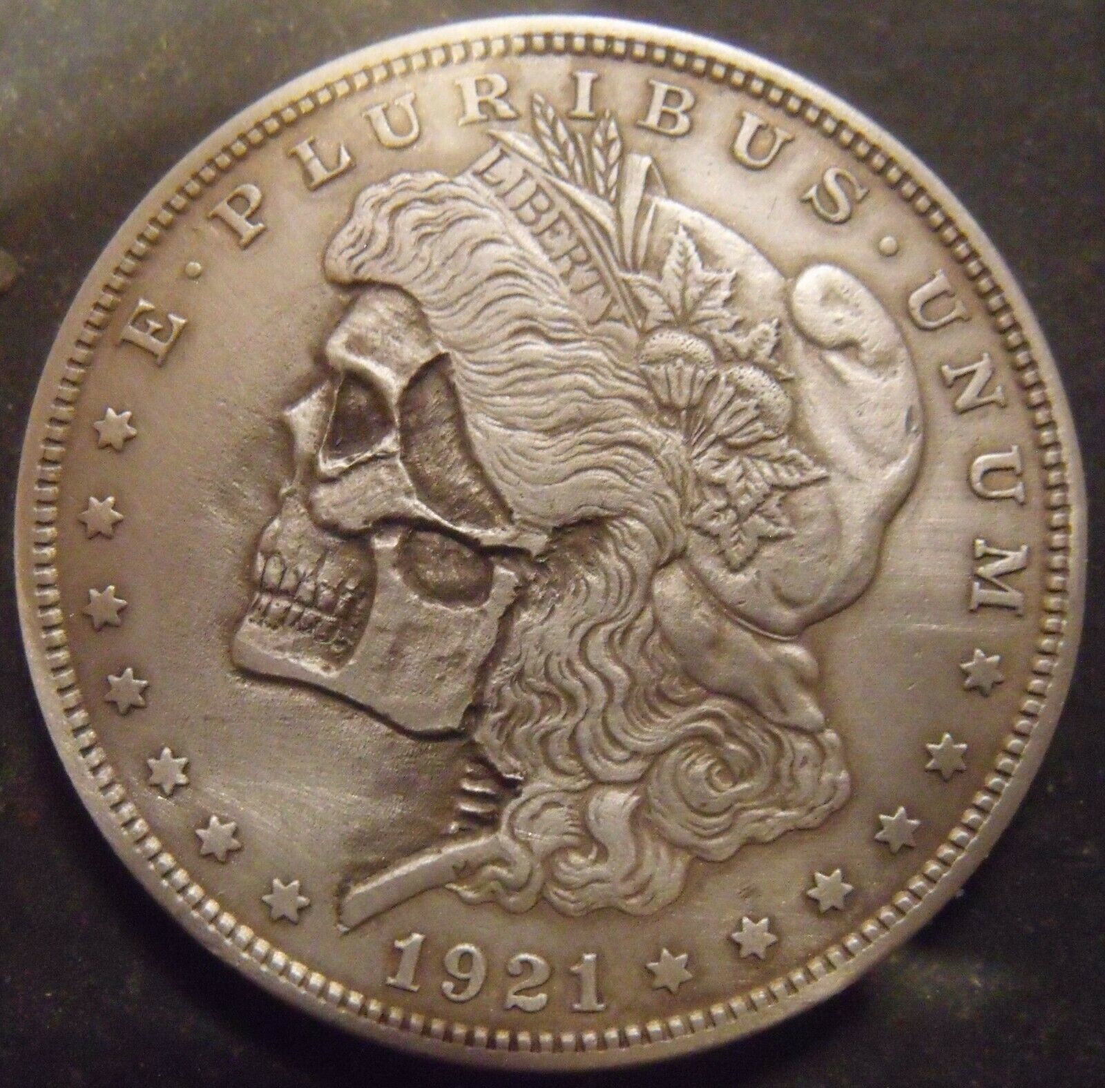 Hand Carved  Hobo Nickel Skull Real Silver Dollar #2  Free Mail Rim Signed