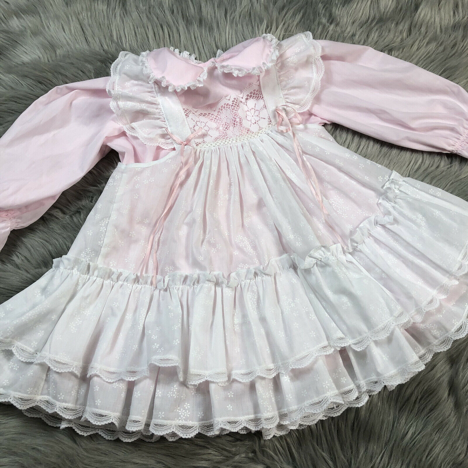 Vintage Bryan Toddler Girls Pink White 2 Piece Pinafore Ruffle Dress Set