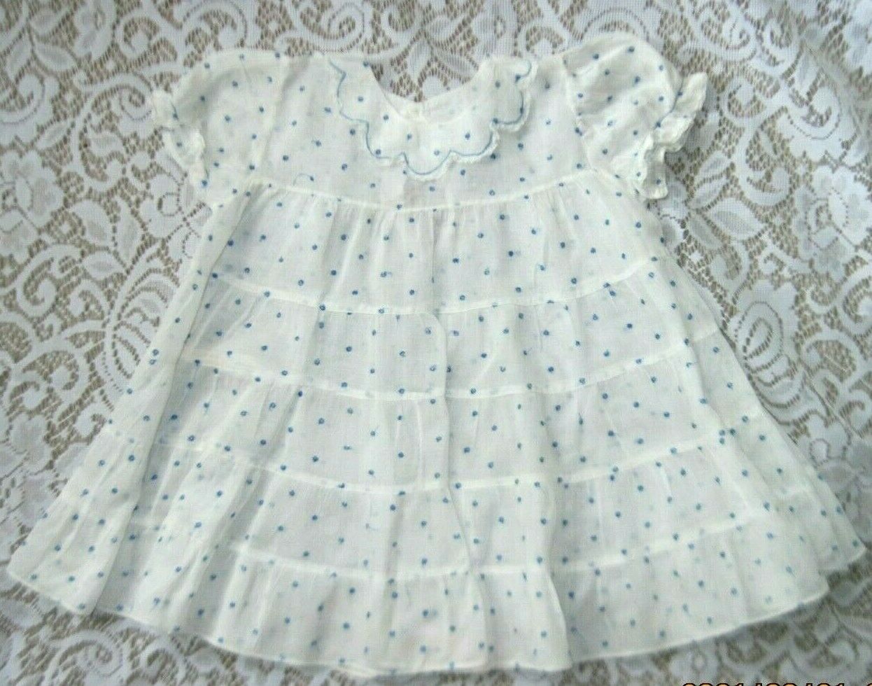 Cute Vintage White Tiered Toddler Dress W/tiny Blue Embr.flowers~lace Collar