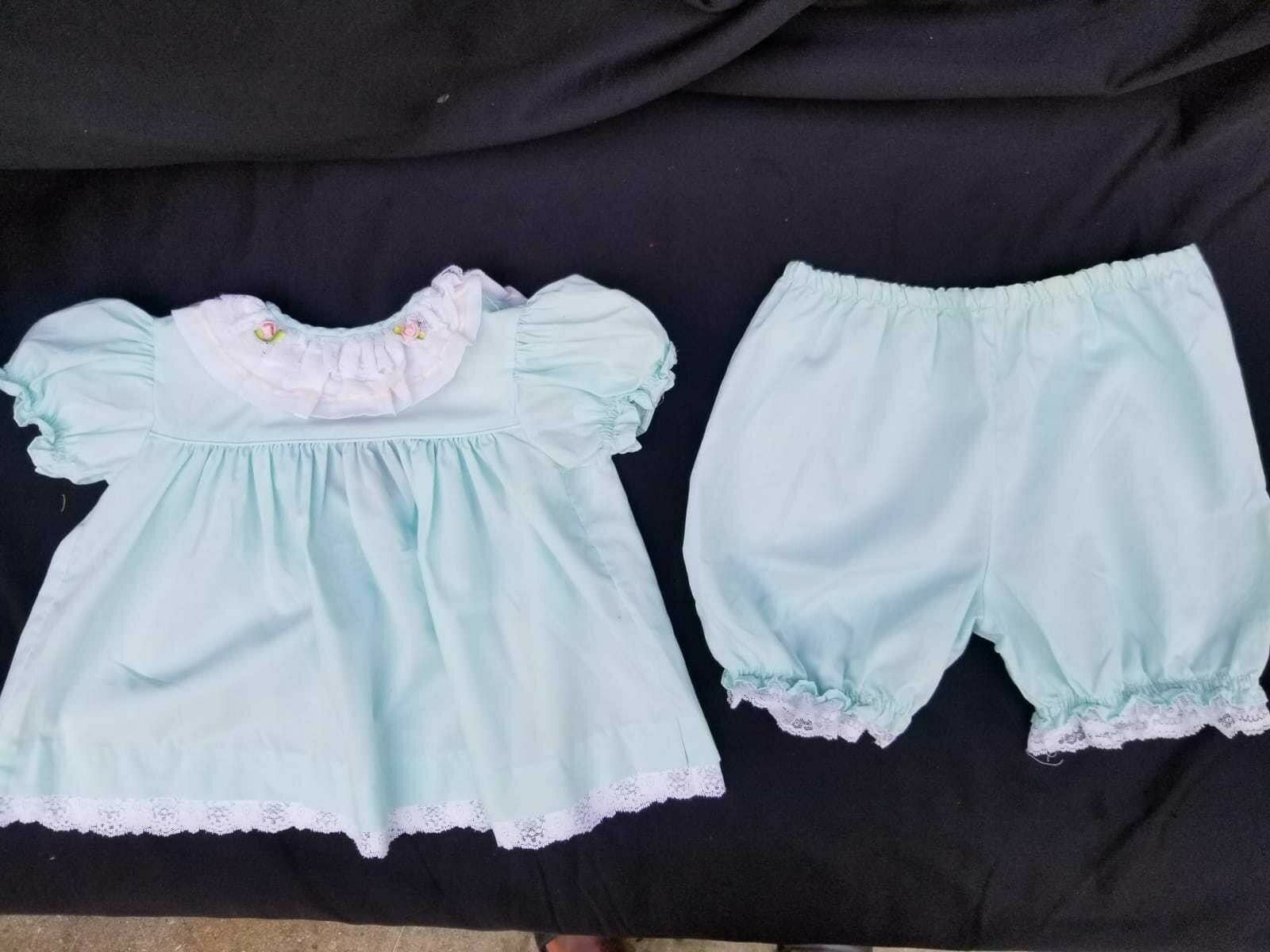 Beautiful Vintage Bryan Blue Two Piece Dress And Bloomers With Lace - 18 Months
